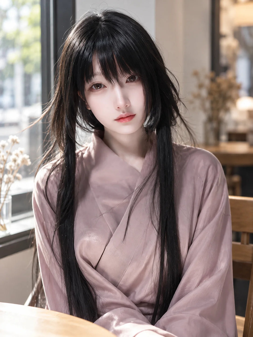 Women's Long Straight Synthetic Wig with Bangs – Hime Cut