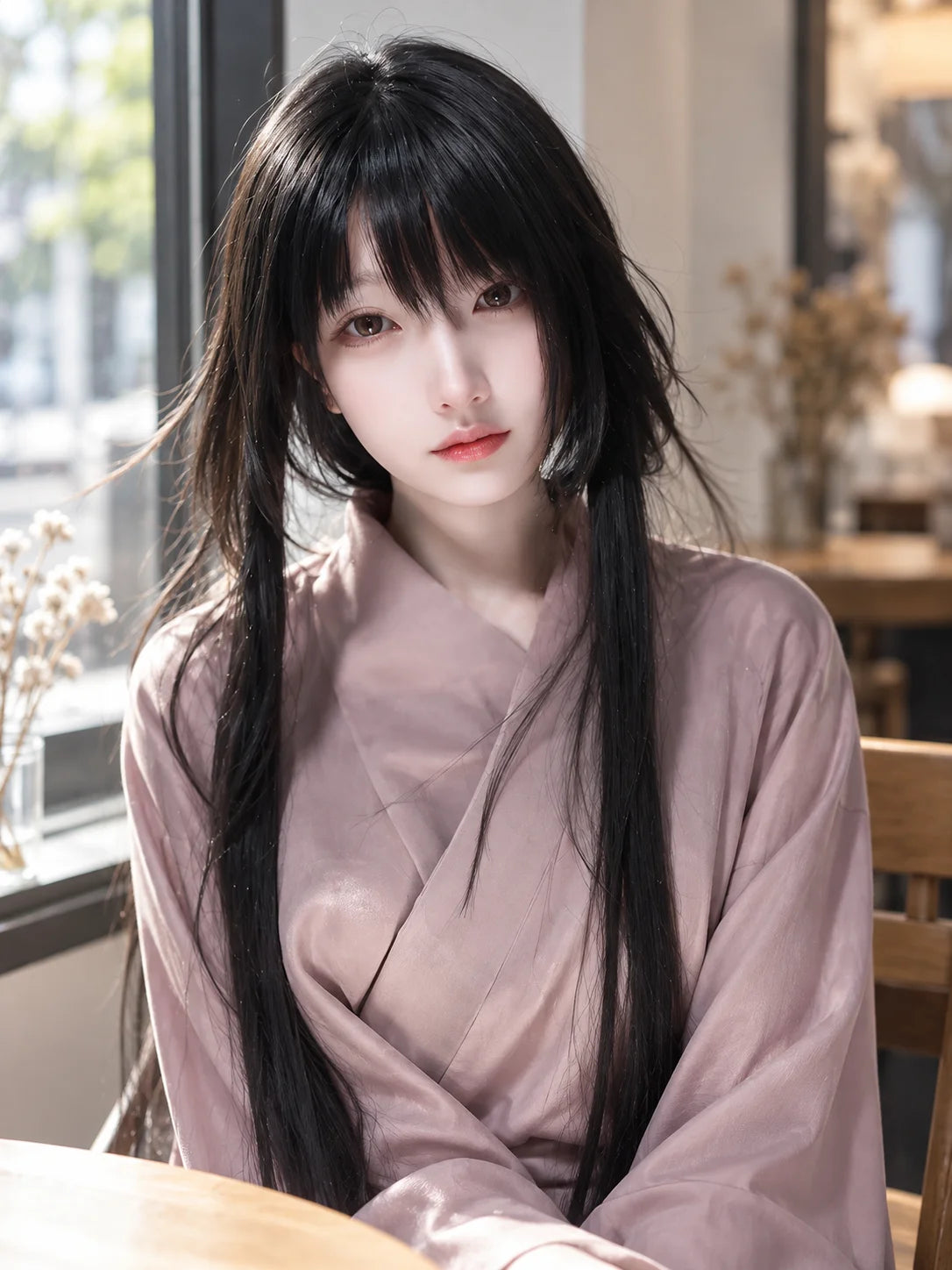 Women's Long Straight Synthetic Wig with Bangs – Hime Cut