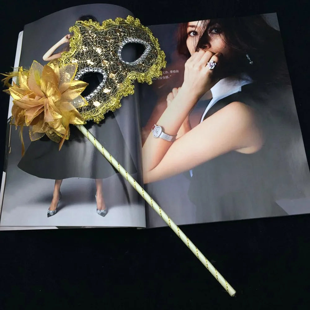 Handheld Feather Masquerade Mask – White Lace & Holding Stick