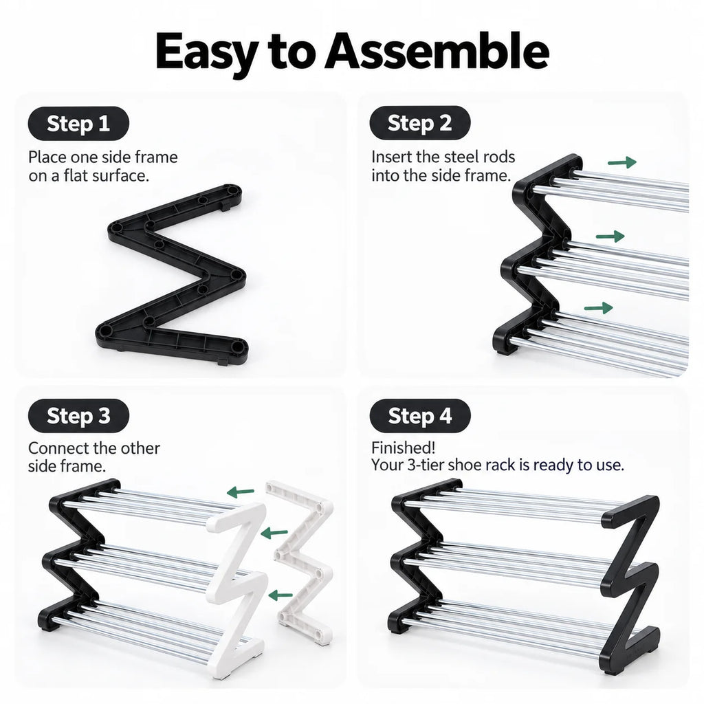 3-Tier Z-Shaped Shoe Rack – Space-Saving Metal Organizer