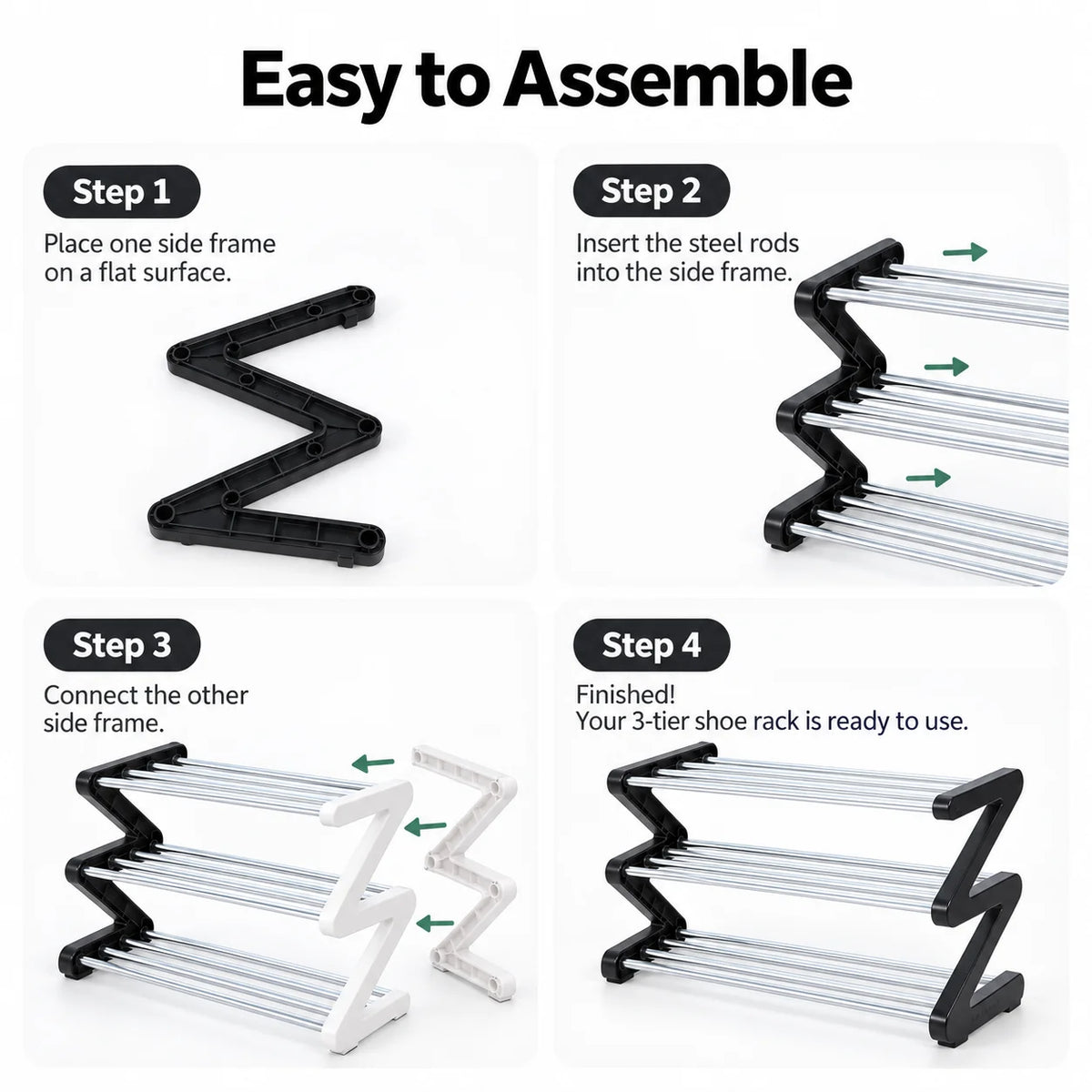 3-Tier Z-Shaped Shoe Rack – Space-Saving Metal Organizer