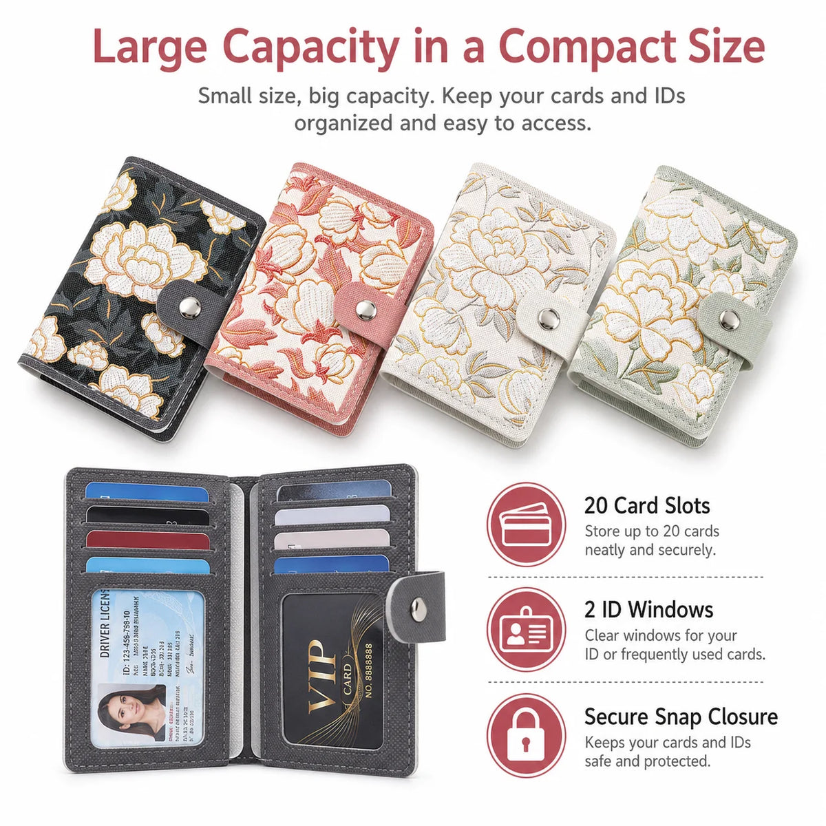 Floral Card Holder Wallet Women – 20 Slots & 2 ID Windows