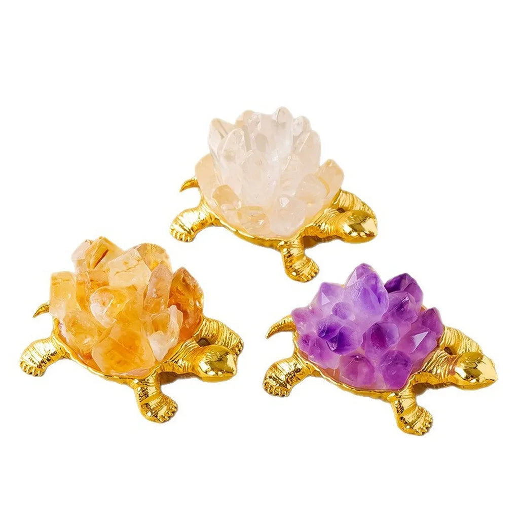 Handcrafted Natural Crystal Turtle Figurine | Alloy Base Décor