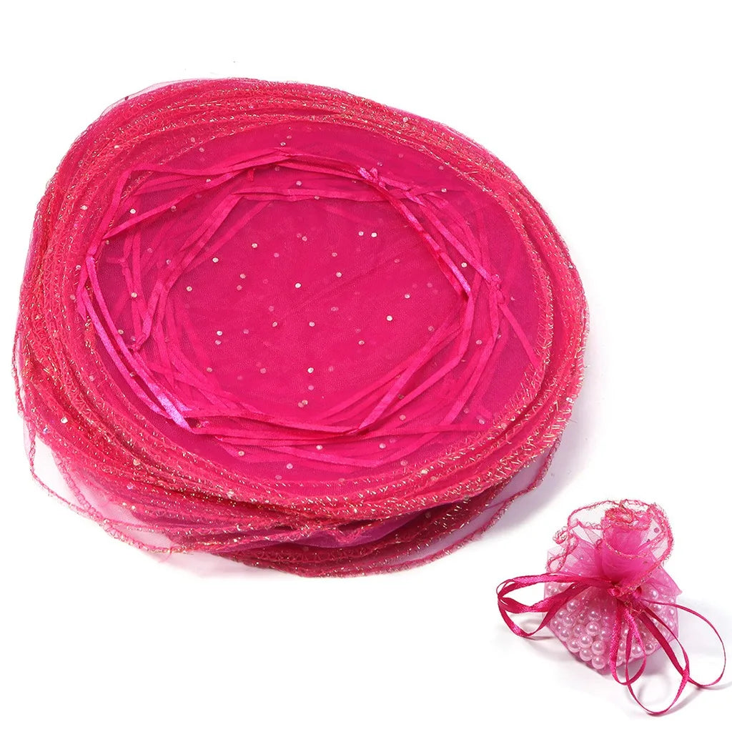 Round Organza Drawstring Gift Pouches – 10pc Sequin Tulle