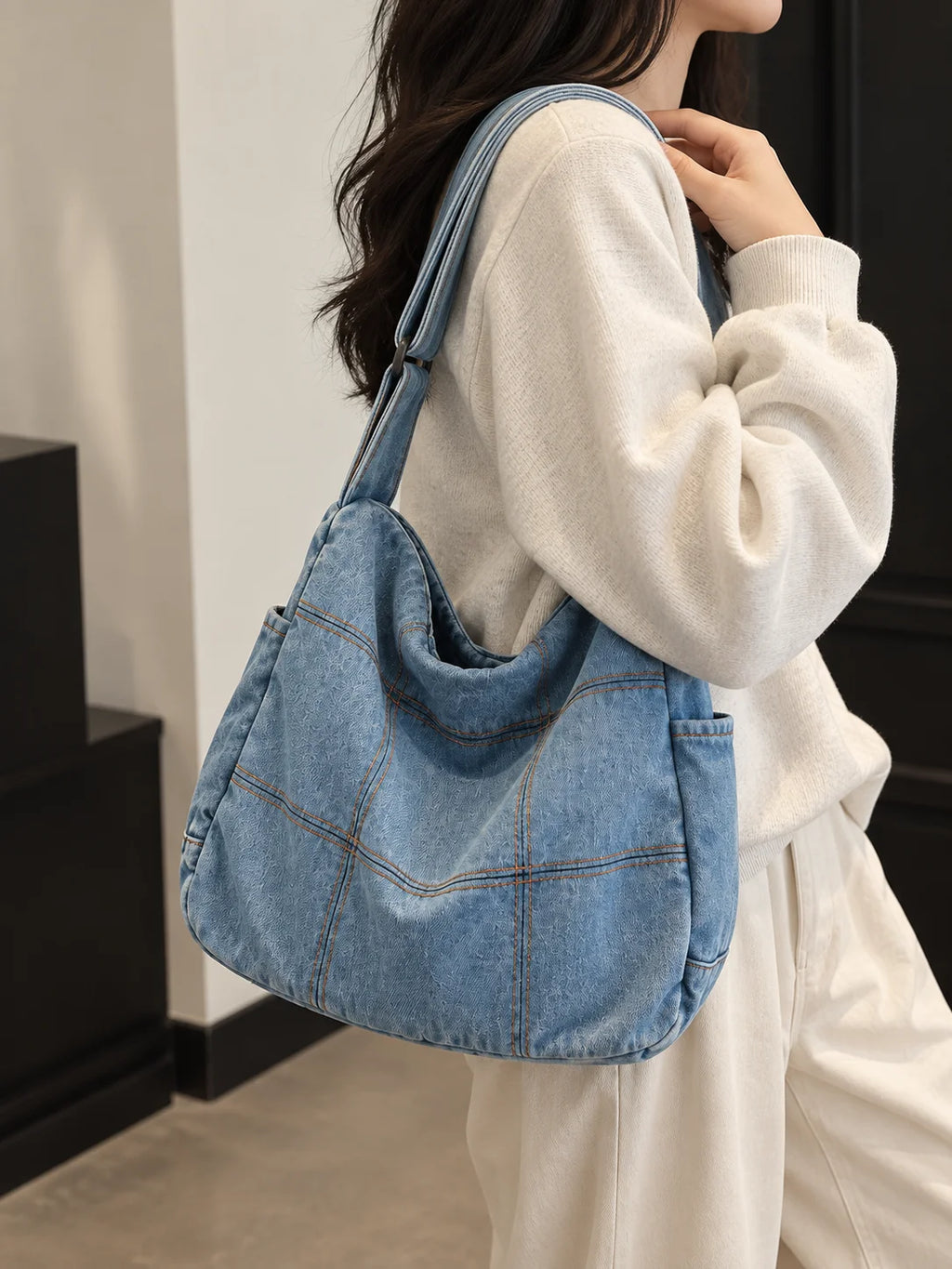 Large Capacity Denim Shoulder Crossbody Tote Bag for Women