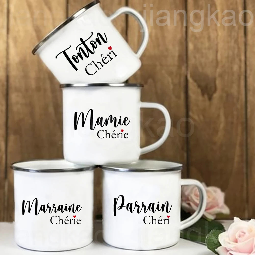 French Print Enamel Camping Mug – Family & Godparent Gift