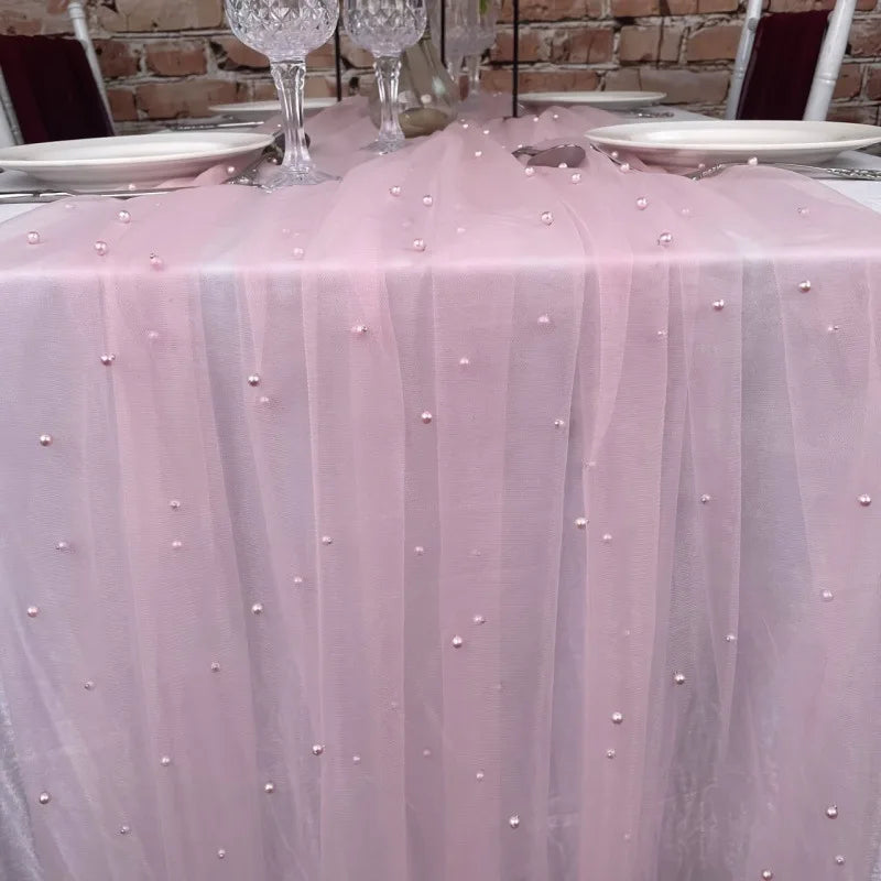 White Pearl Tulle Mesh Table Runner – Wedding & Party Décor