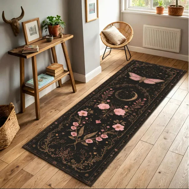 Boho Moth Floral Runner Rug – Non-Slip Washable Hallway Mat