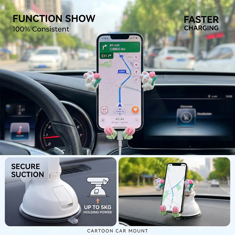 Cute Rabbit Tulip Car Phone Holder – Suction Cup Dashboard Mount