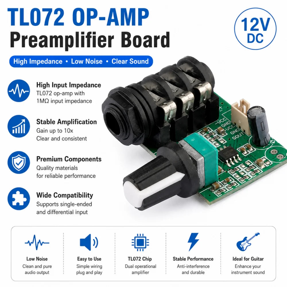 TL072 12V Guitar High-Impedance Preamp Signal Amplifier Board
