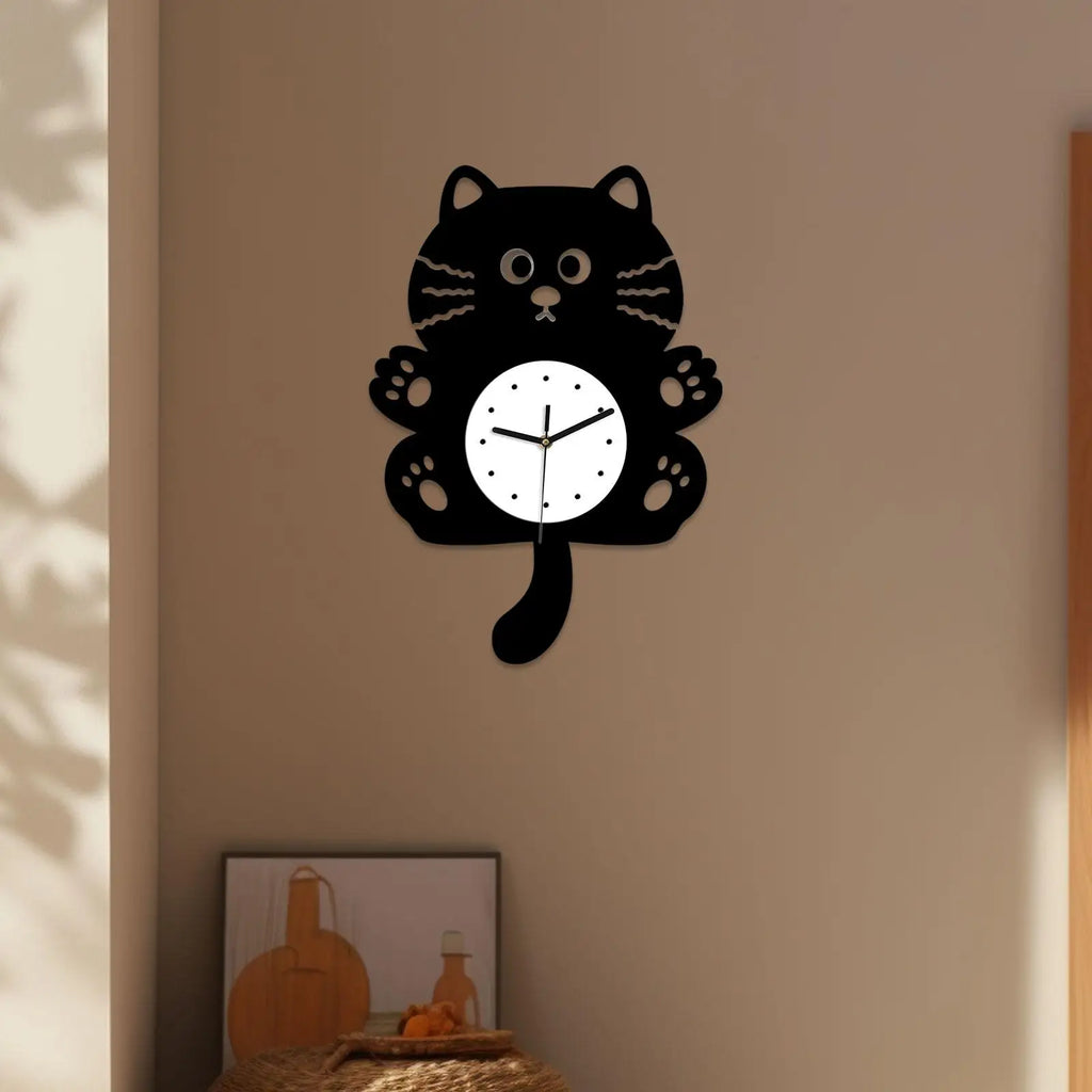 Cat Shaped Silent Wall Clock – Swinging Tail Kids Room Decor