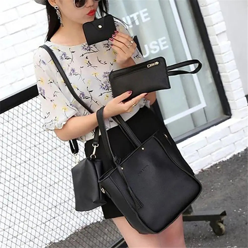 4-Piece PU Leather Bag Set – Handbag, Shoulder & Clutch Bag