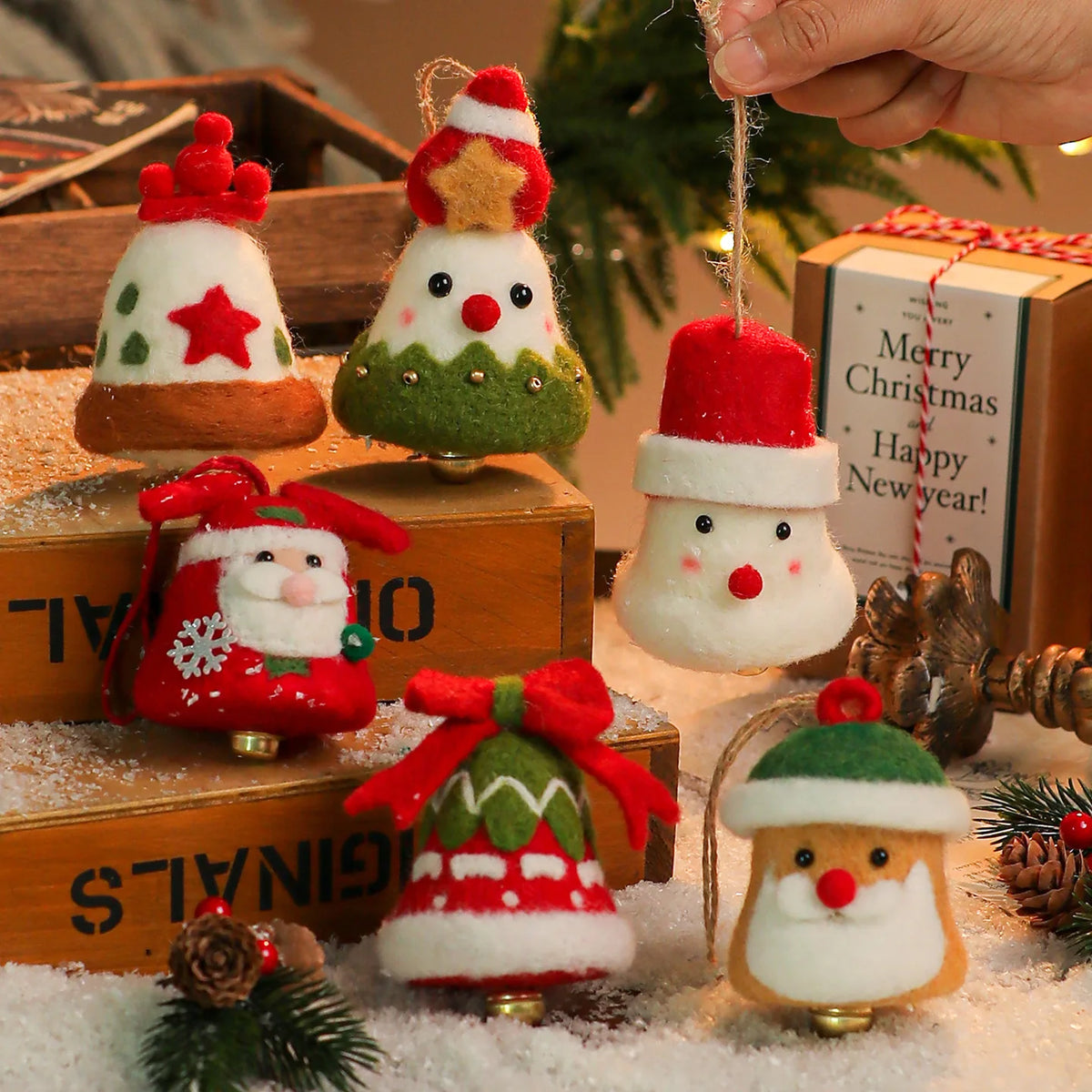 Wool Felt Christmas Bell Ornaments – Santa & Snowman