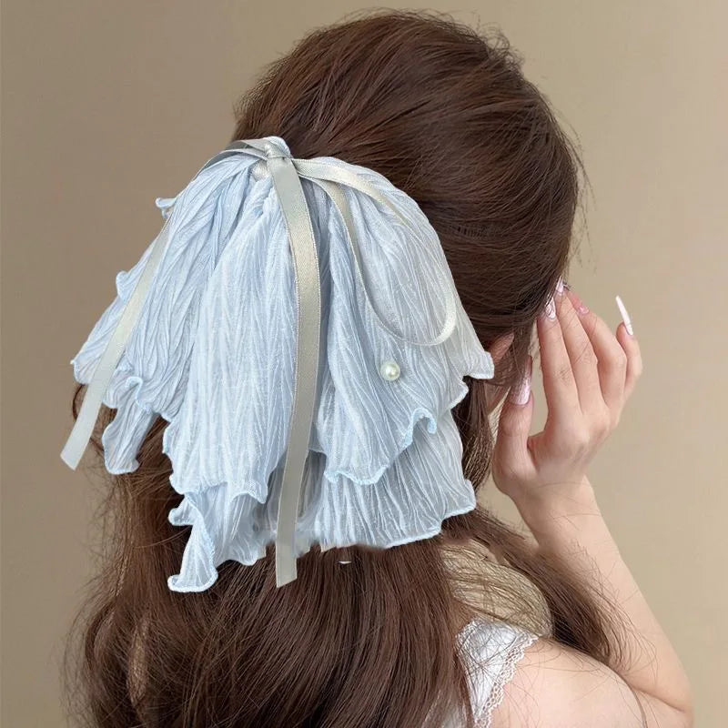 Blue Ruffle Bow Hair Clip with Pearl Decor | Elegant Barrette