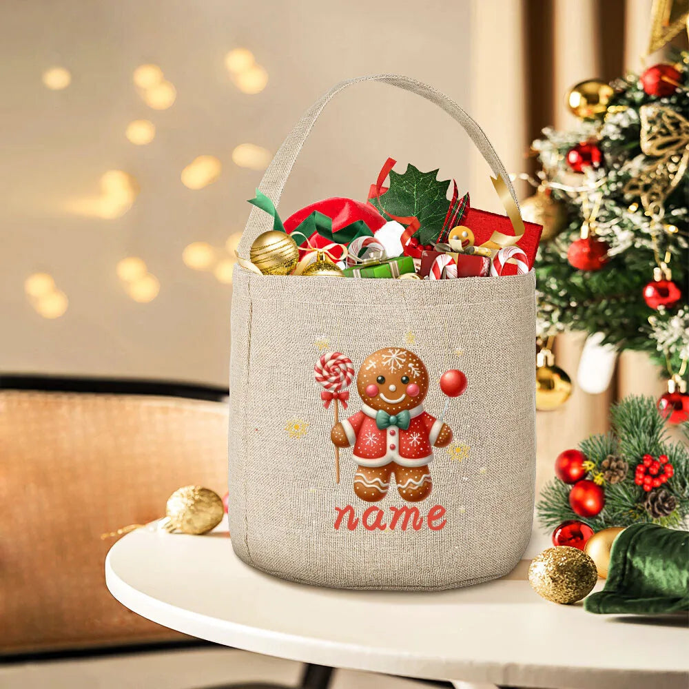 Personalized Christmas Gingerbread Man Linen Gift Bag