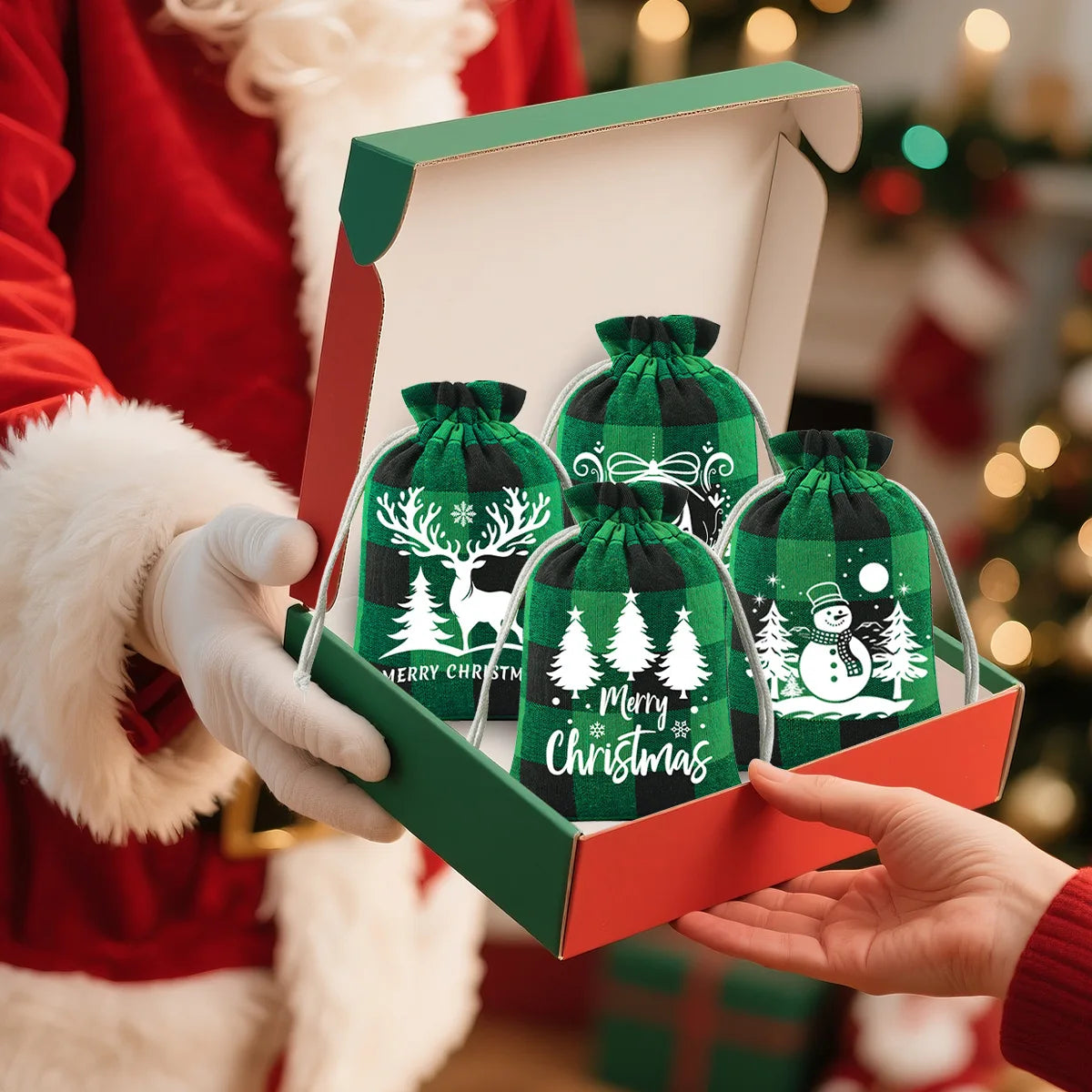 Christmas Plaid Drawstring Bag – Cotton Gift & Candy Bag