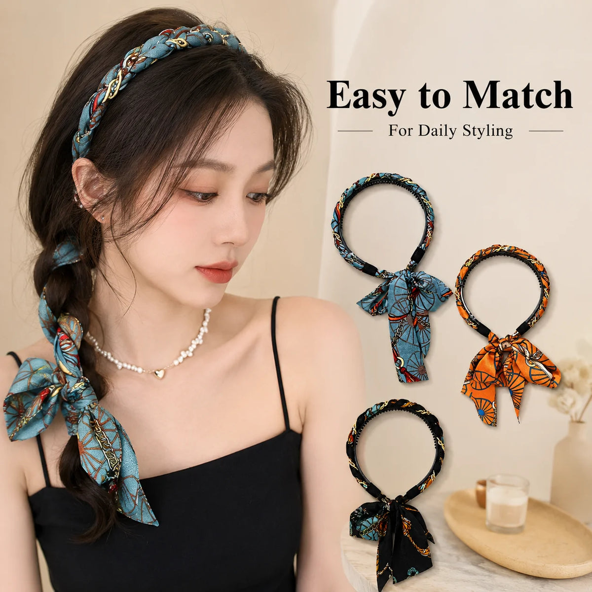Women's Printed Scarf Bow Headband – Non-Slip Braided Hairband
