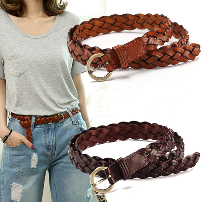 Women's Braided Faux Leather Belt – Gold Round Buckle