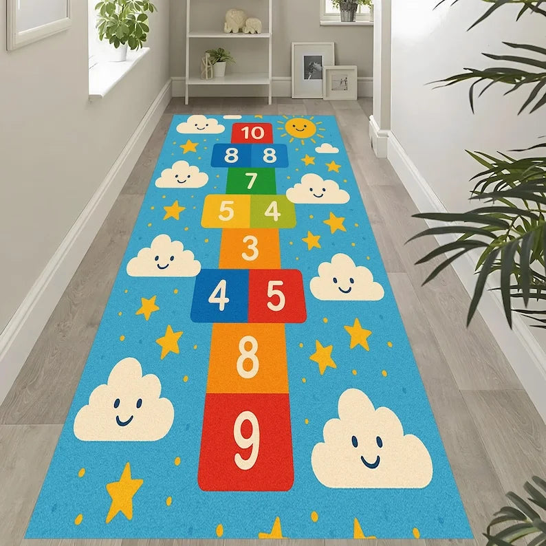 Dinosaur Hopscotch Kids Runner Rug – Non-Slip Washable Mat