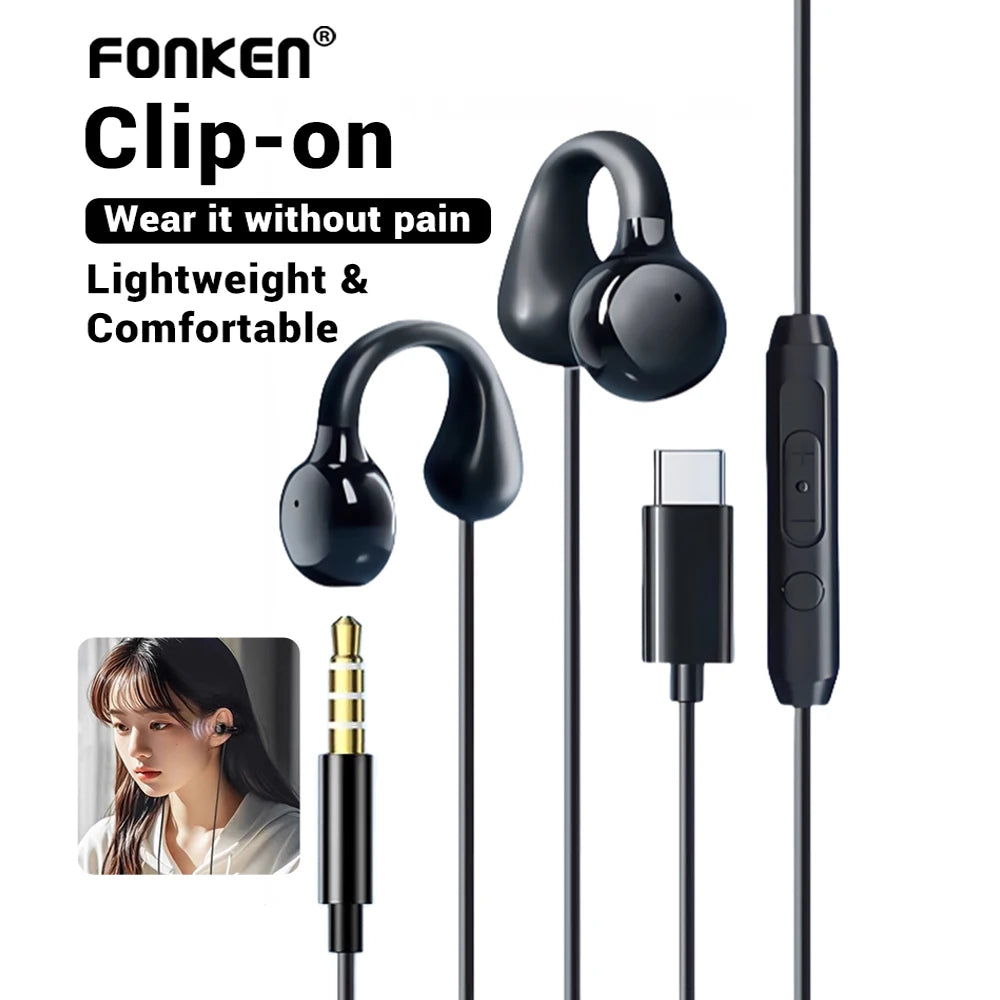 FONKEN Bone Conduction Earclip Wired Earphones with Mic