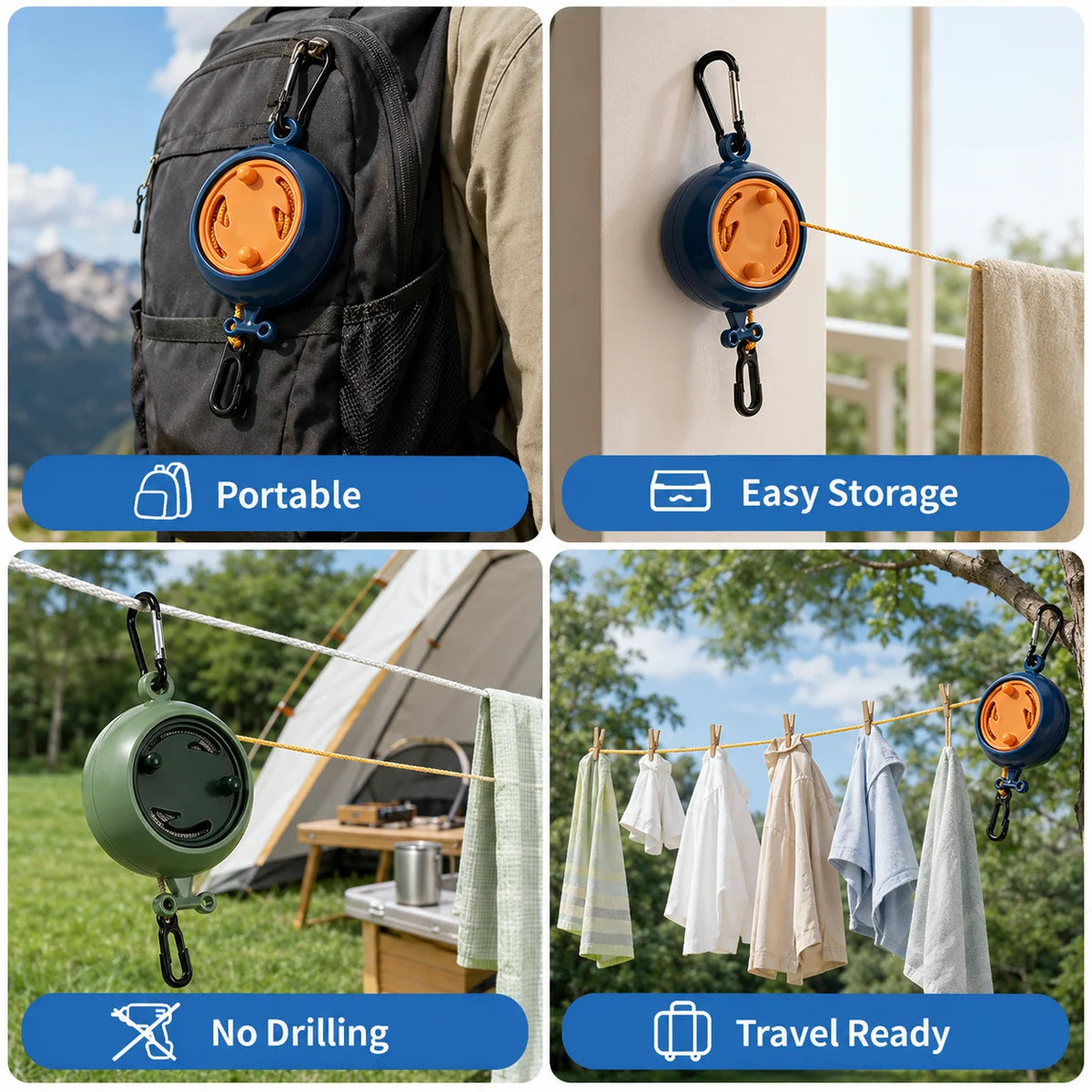 Retractable Clothesline with Dual Carabiner Hooks | 1–9m Travel
