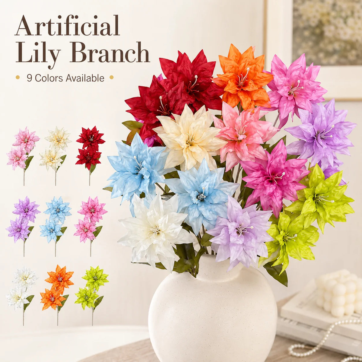 3-Stem Artificial Lily Branches 68cm | Faux Floral Home Decor