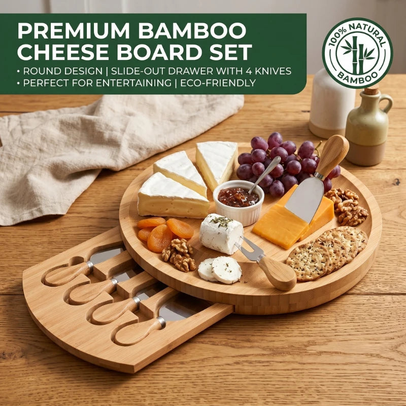 Round Bamboo Cheese Board Set with Knife Drawer – 5-Piece