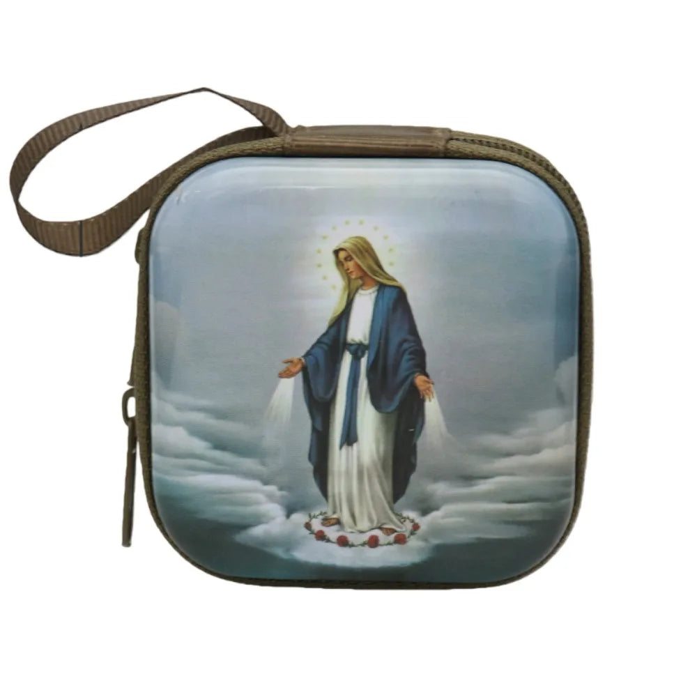Virgin Mary Rosary Storage Box – Zippered Metal Christian Gift