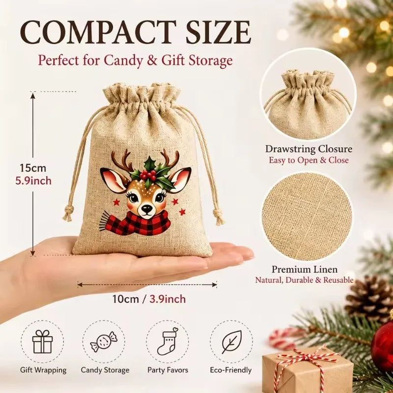 Christmas Burlap Drawstring Gift Bags – 5/12 Pack, 5 Designs