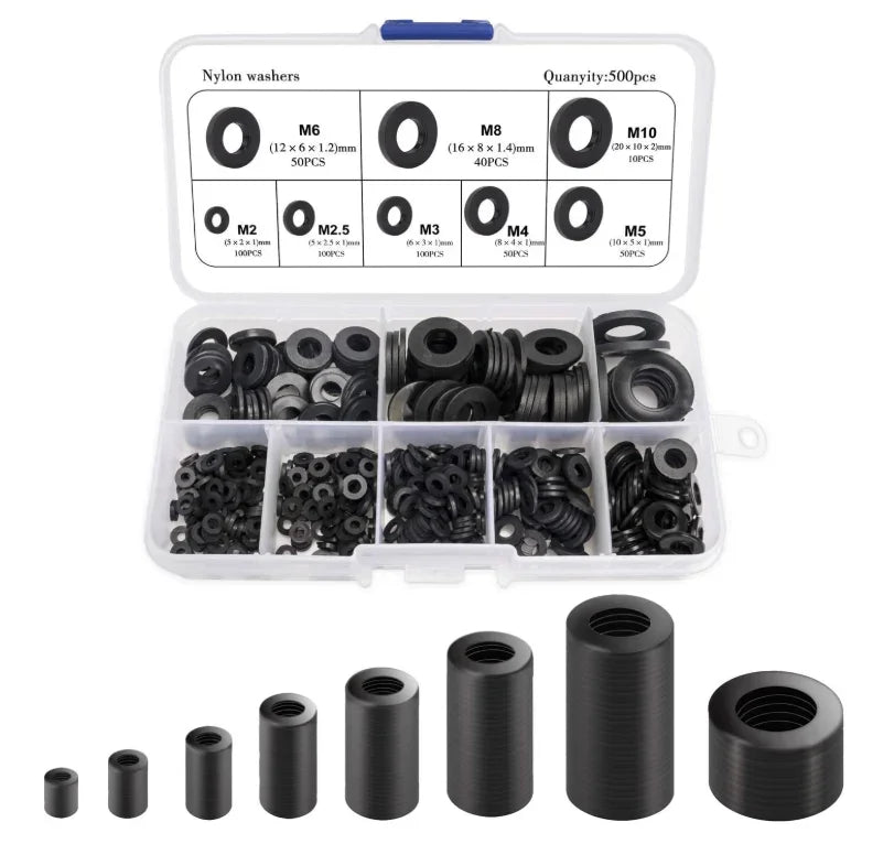 500pcs Nylon Flat Washer Set – 8 Sizes M2–M10 Assortment
