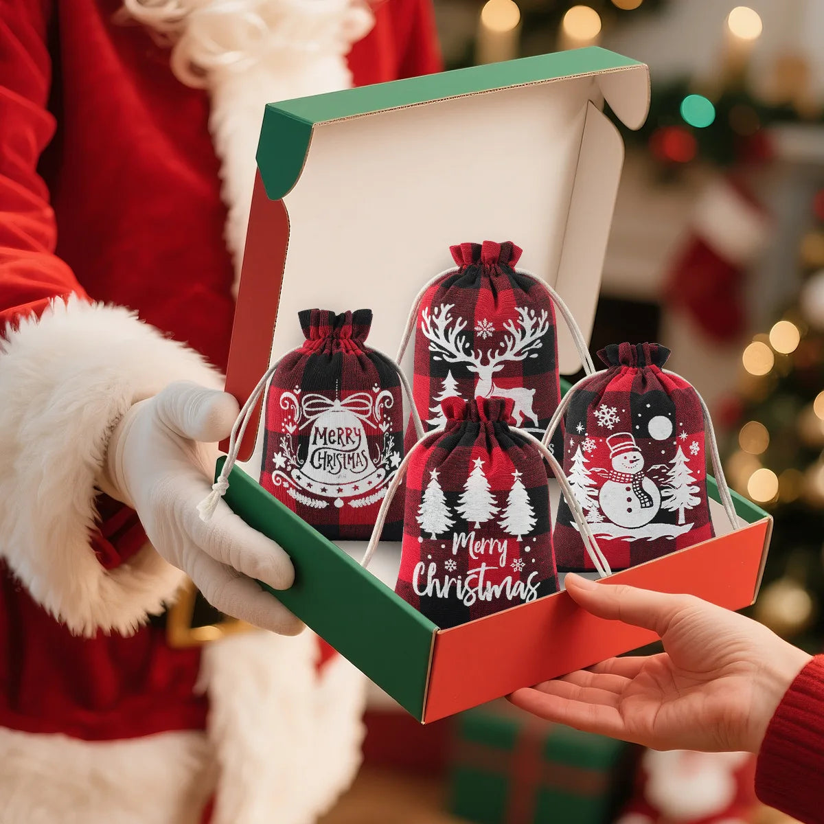 Christmas Plaid Drawstring Bag – Cotton Gift & Candy Bag