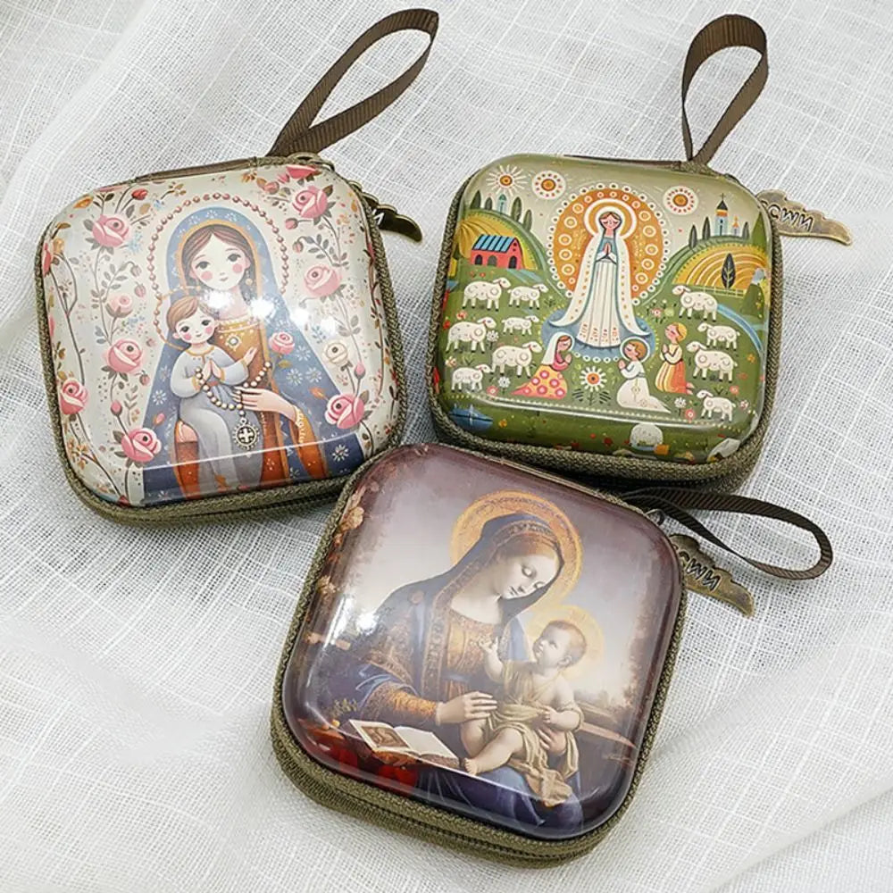 Virgin Mary Rosary Storage Bag – Zippered Prayer Pouch 7x7cm