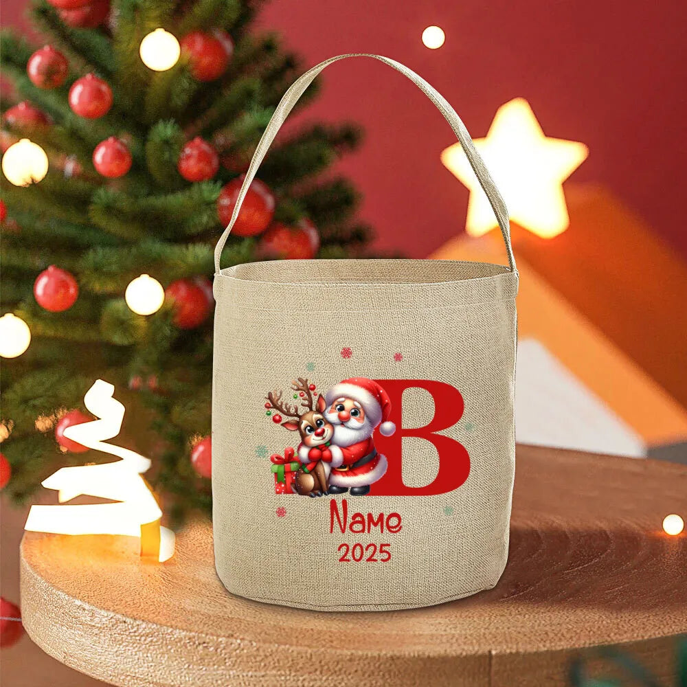 Personalized Christmas Santa Linen Gift Bag with Name