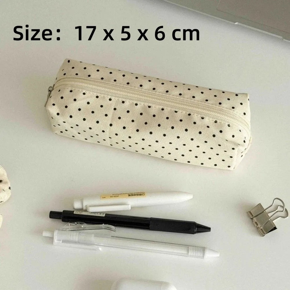 Polka Dot Canvas Pencil Case – Large Capacity Zipper Pouch