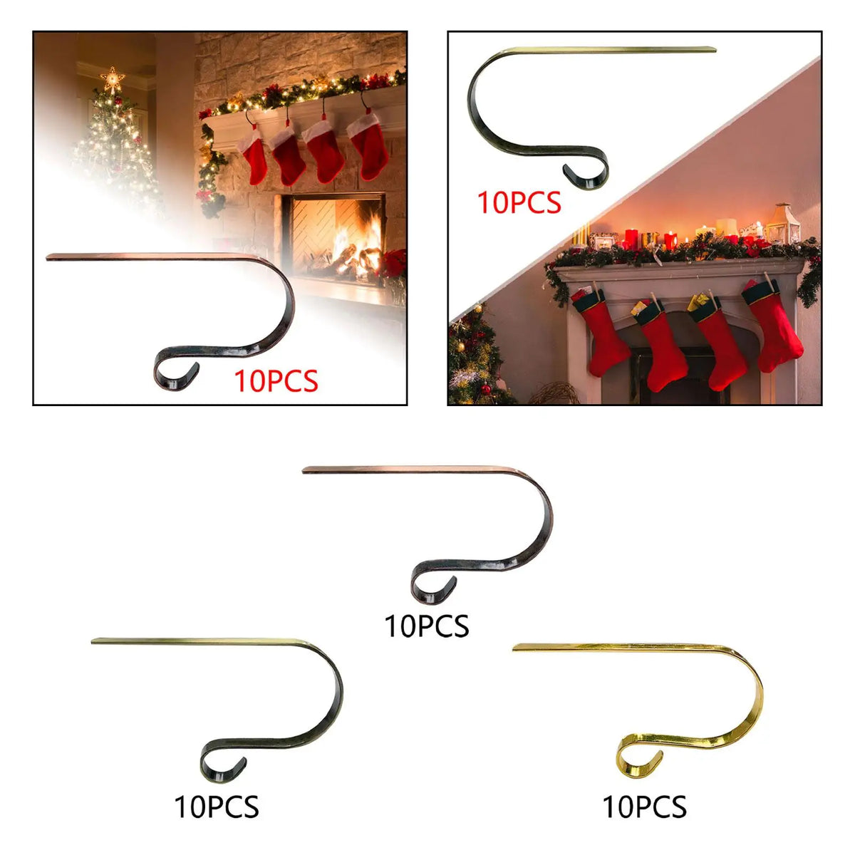 Metal Christmas Stocking Hangers for Mantel – 10 Pack Hooks