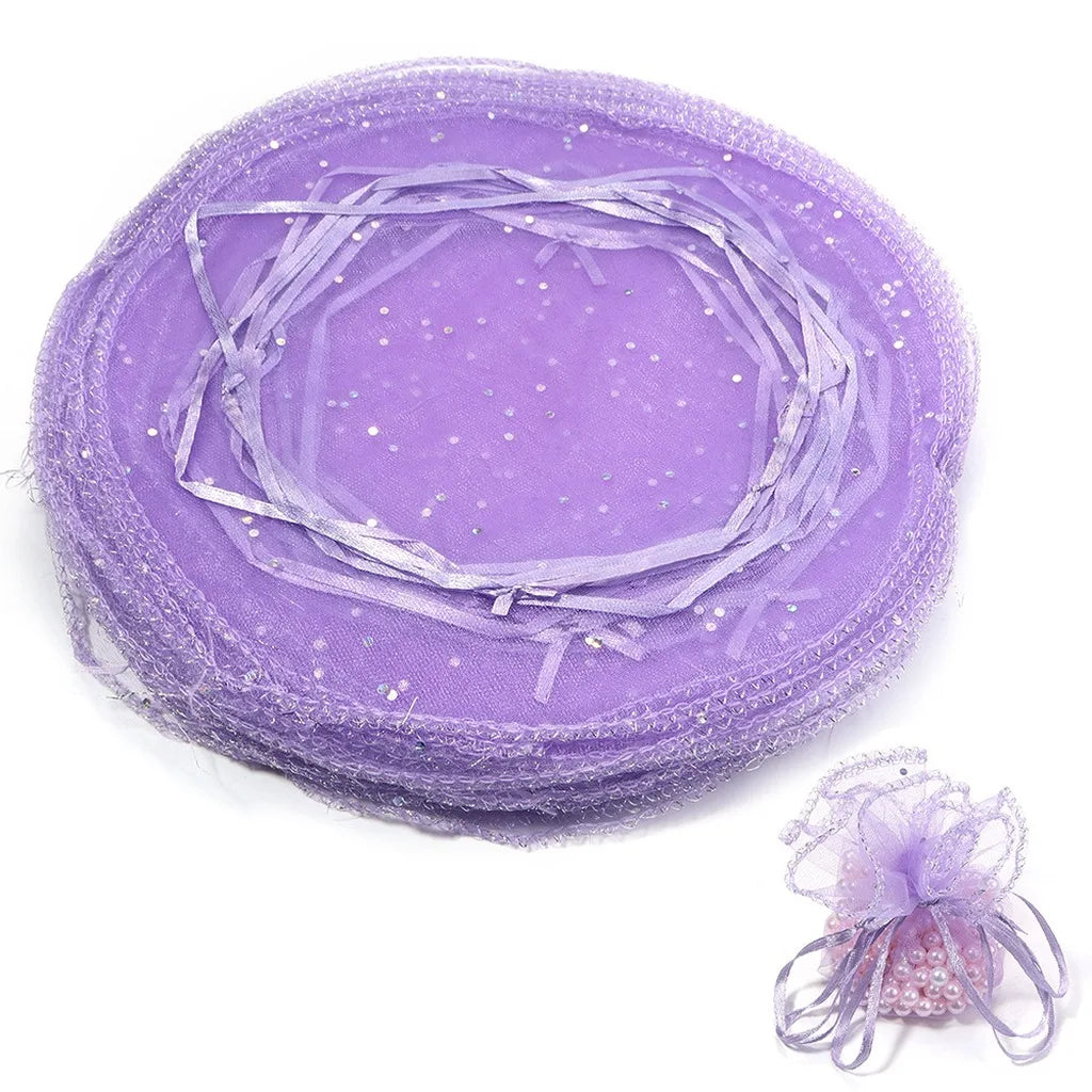 Round Organza Drawstring Gift Pouches – 10pc Sequin Tulle