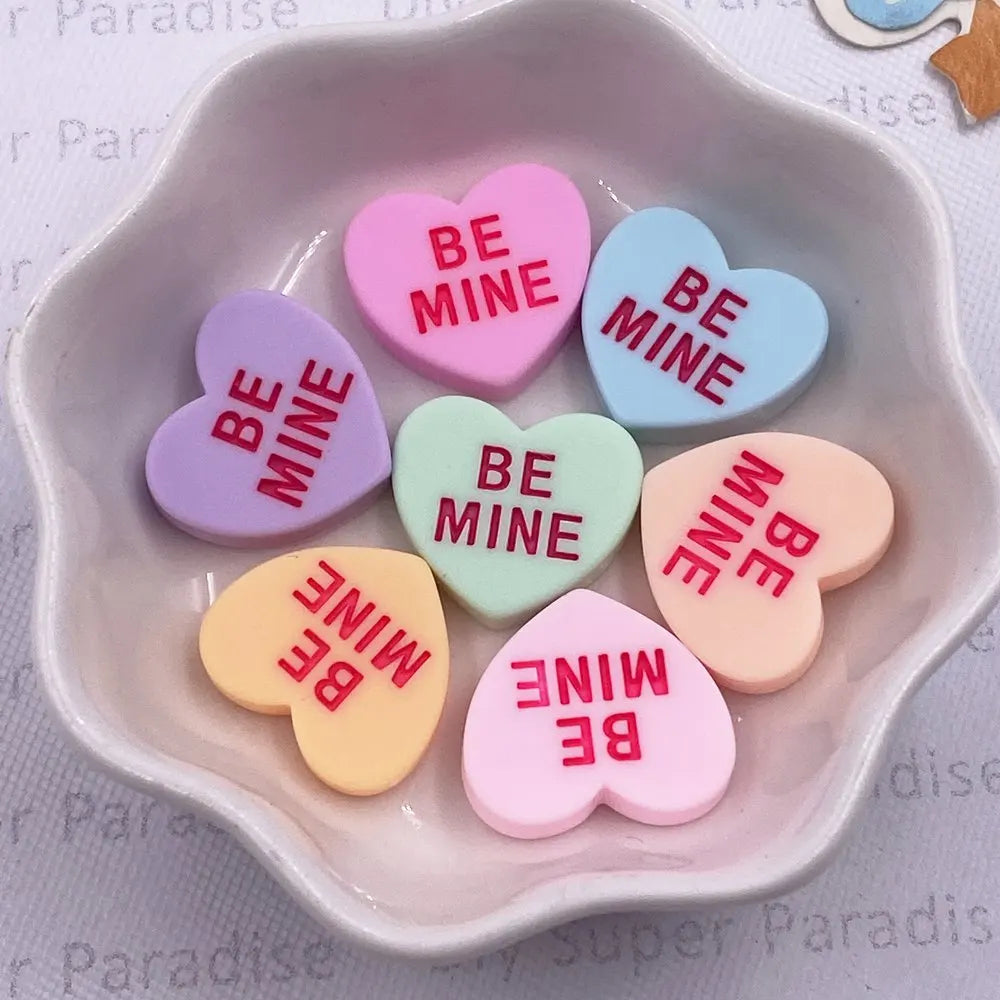 Resin Heart "BE MINE" Flat Back Cabochons – 10pcs DIY Crafts