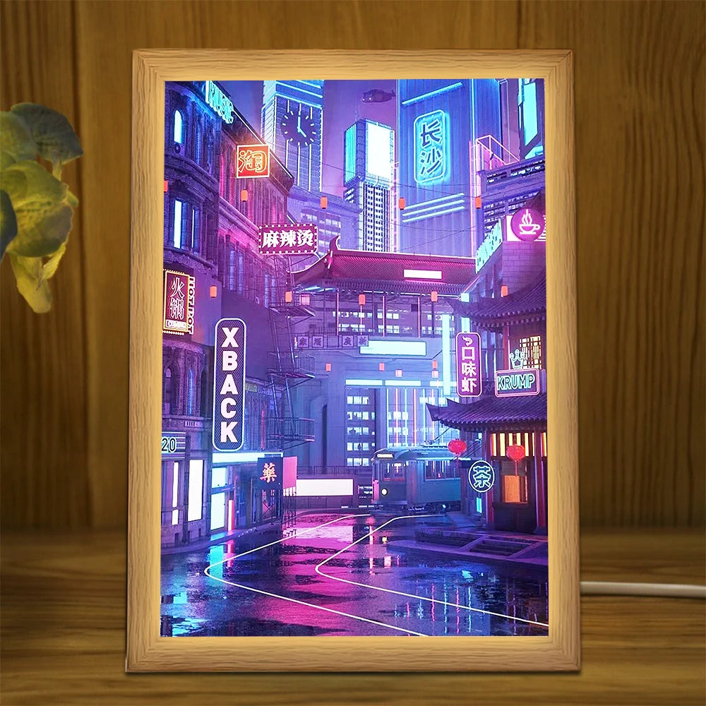 USB LED City Night Scene Light Picture – Wood Frame Wall Art