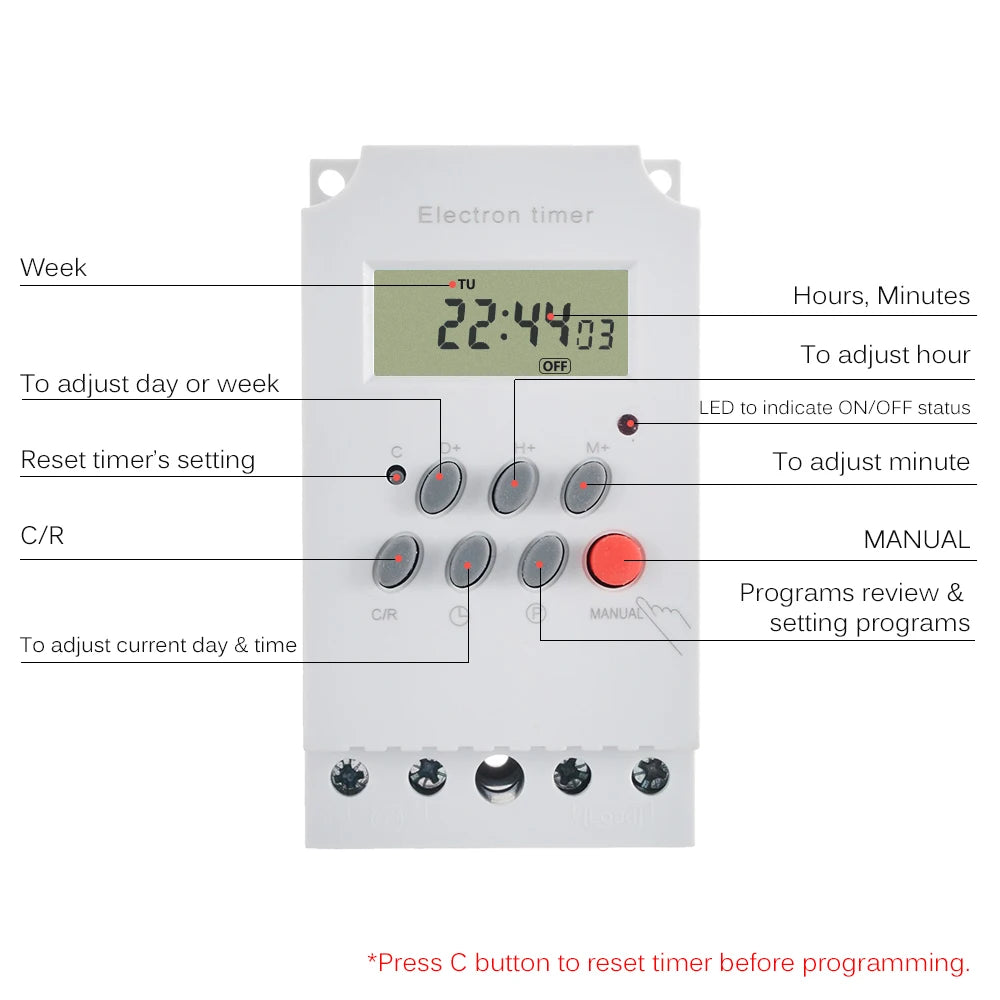 AC 220V 25A Digital Programmable DIN Rail Timer Switch LCD