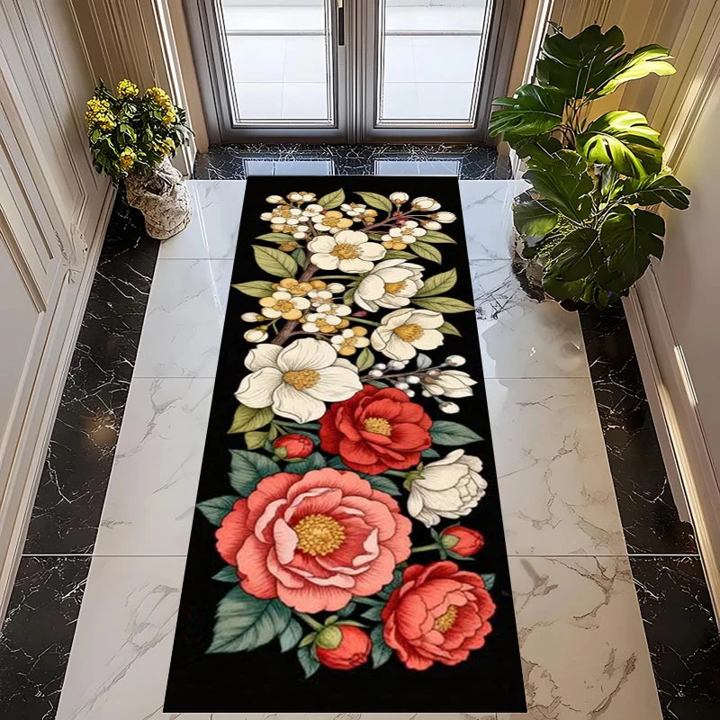 2D Floral Aisle Rug – Anti-Slip Washable Polyester Floor Mat