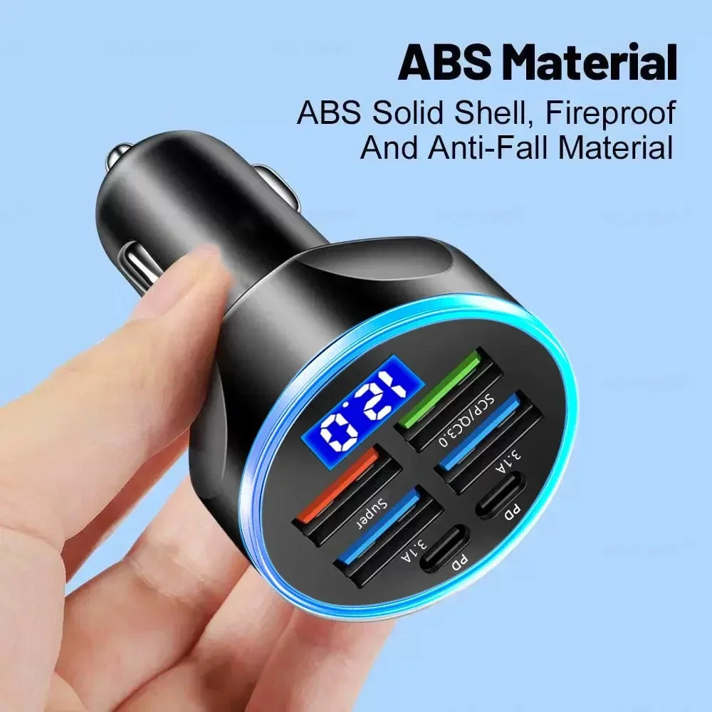 27W 6-in-1 Car Charger LED Display | 4 USB + 2 USB-C PD