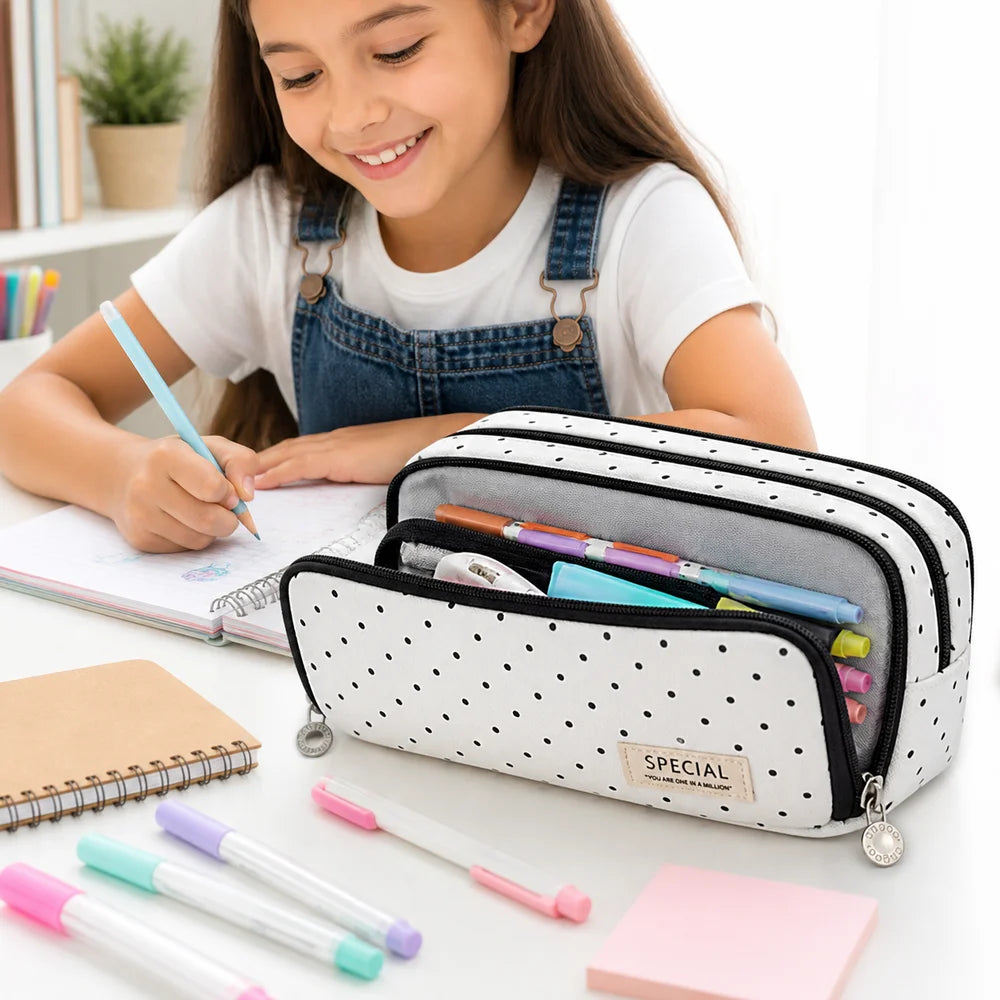 Polka Dot Pencil Case – Large Capacity Multi-Compartment Bag