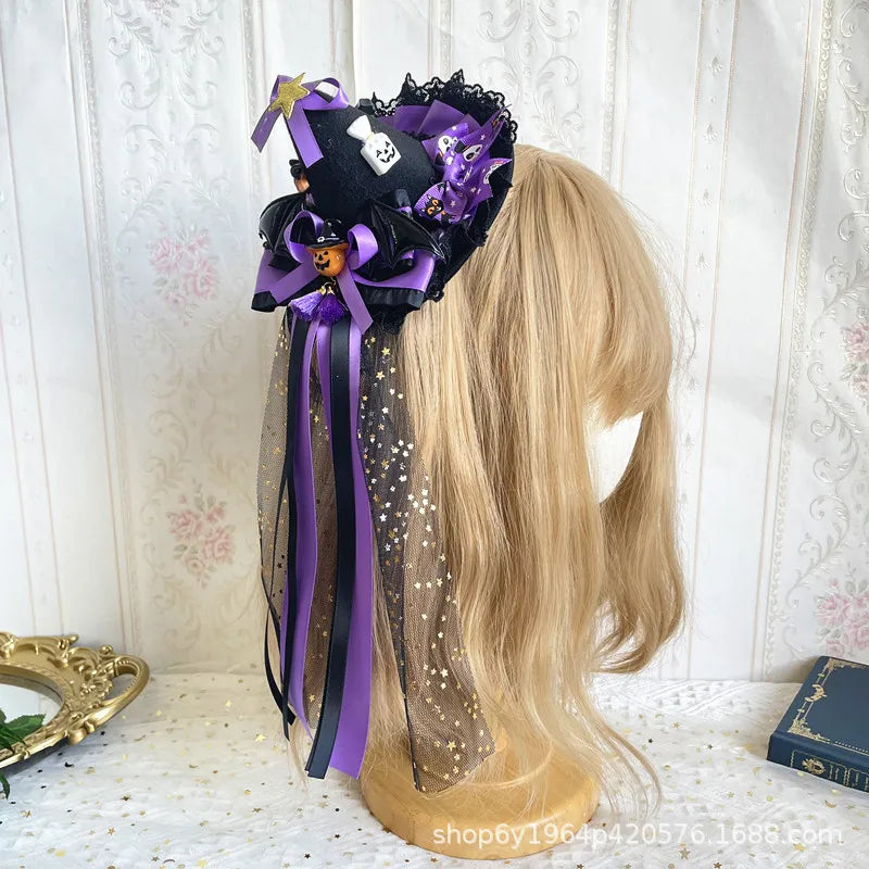 Halloween Witch Hat Hair Bow Clip | Pumpkin & Bat Charm