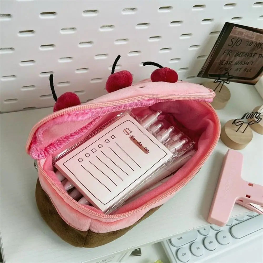 Cherry Cake Plush Pencil Case – Large Capacity Stationery Bag