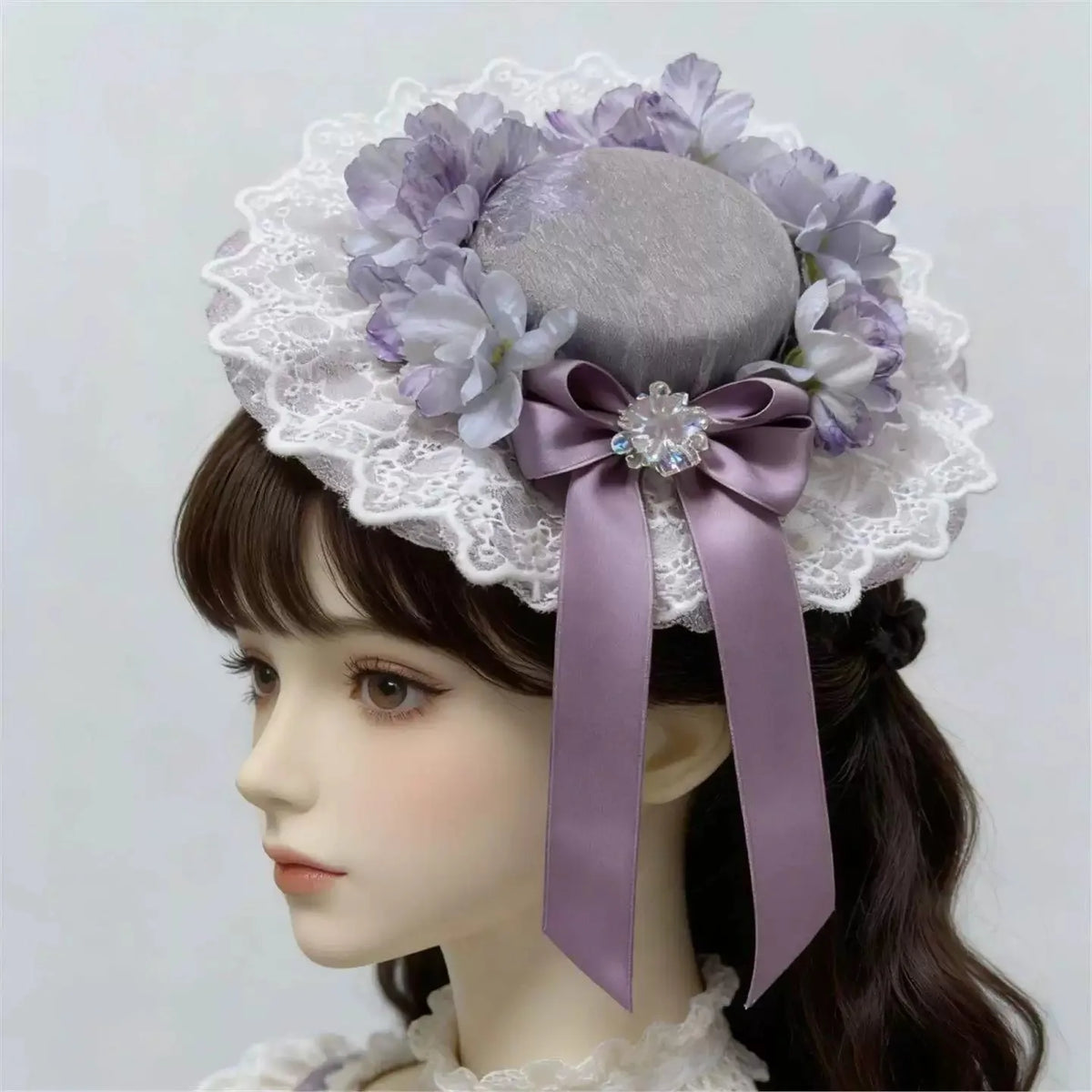 Lolita Floral Lace Mini Hat Fascinator with Lavender Bow
