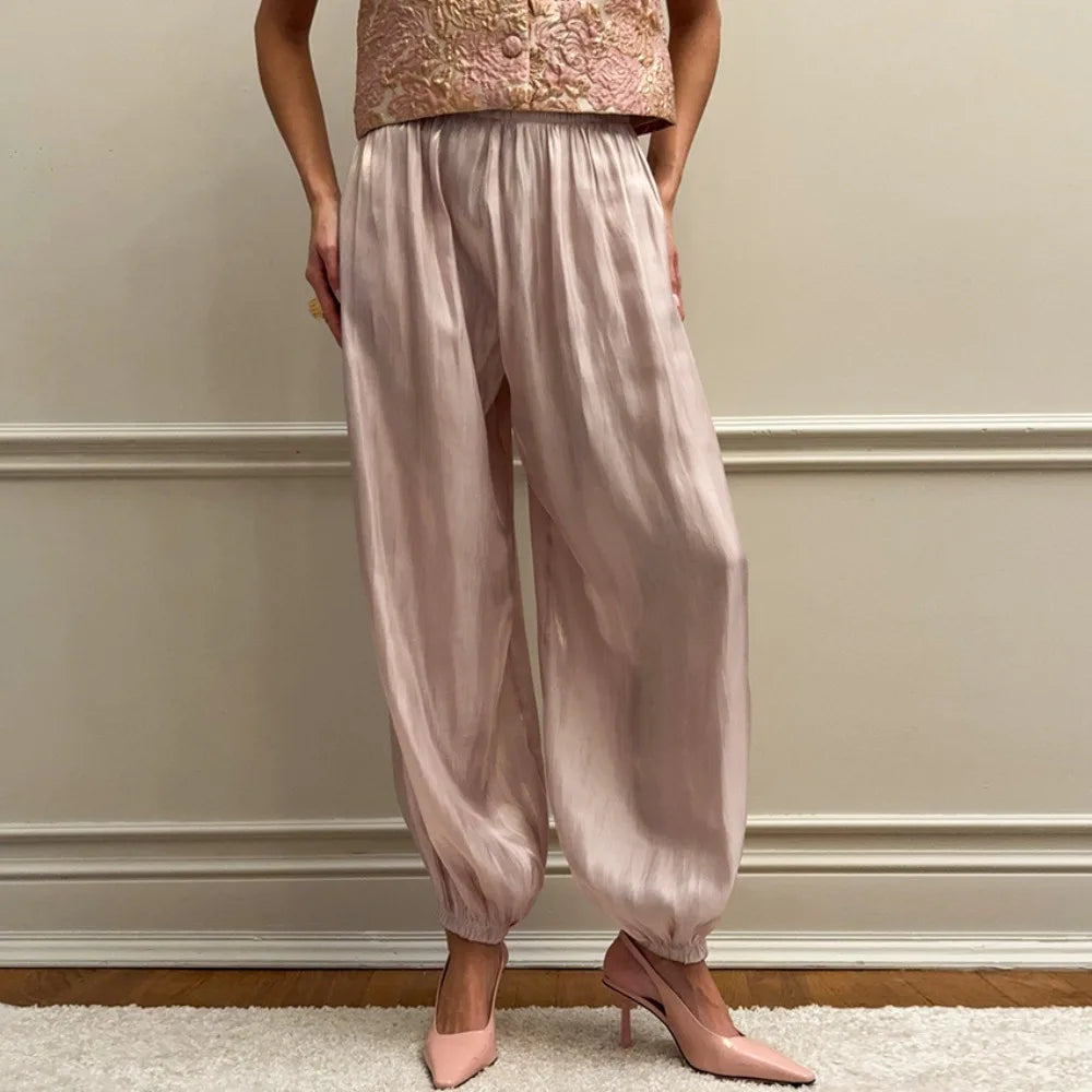 Women's Satin Wide-Leg Pants | Elastic High Waist Ankle Length