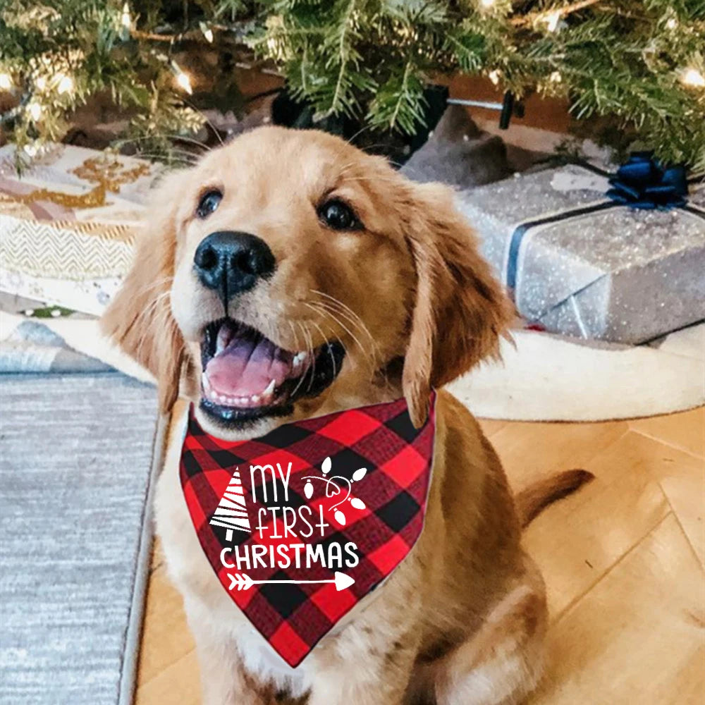 My First Christmas Dog & Cat Bandana Plaid Bow Scarf