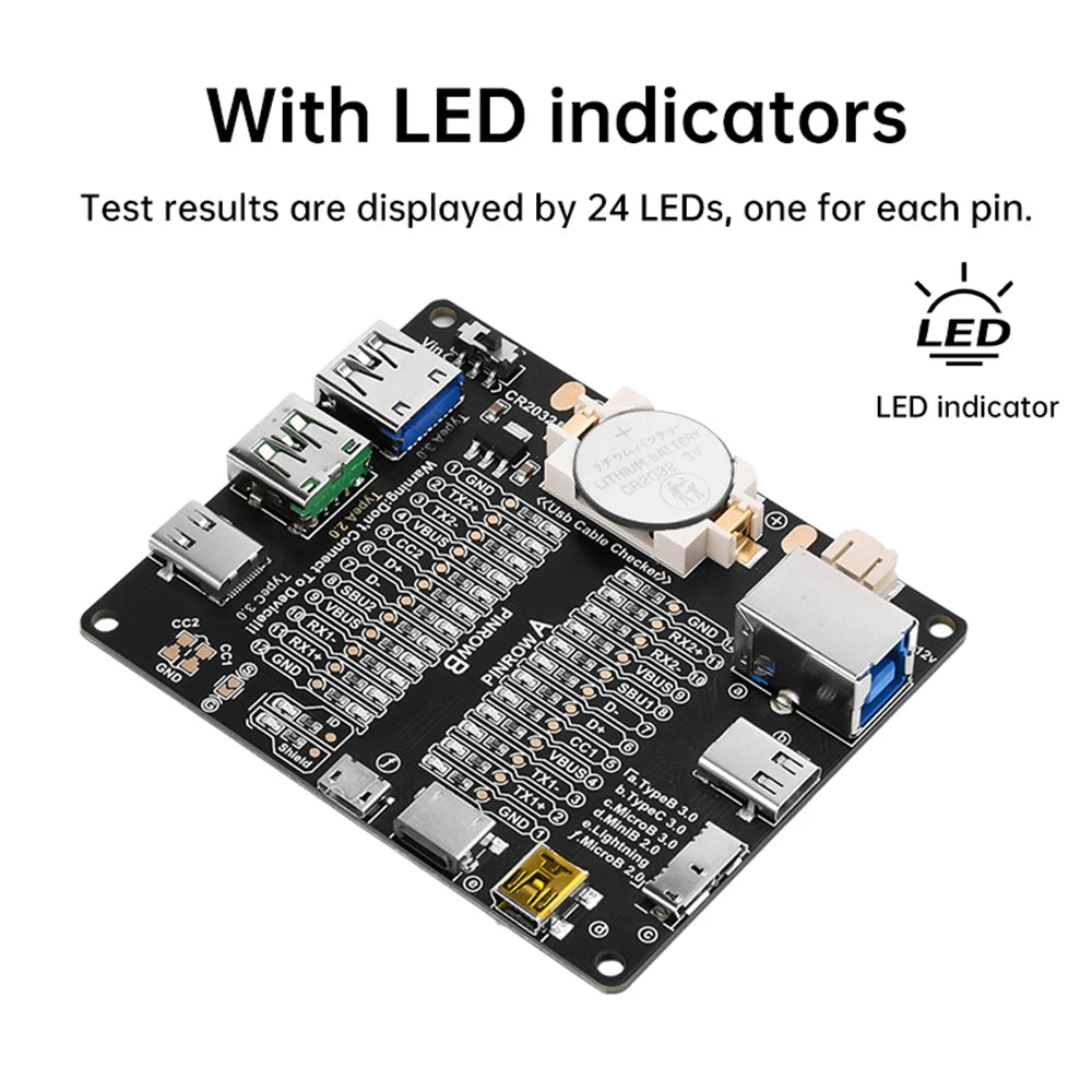 USB Cable Tester Board – Type-C, Micro & Lightning LED Tester