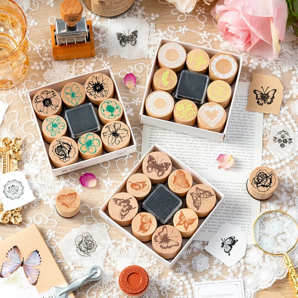 Butterfly Floral Wooden Rubber Stamp Set – 8pc + Ink Pad