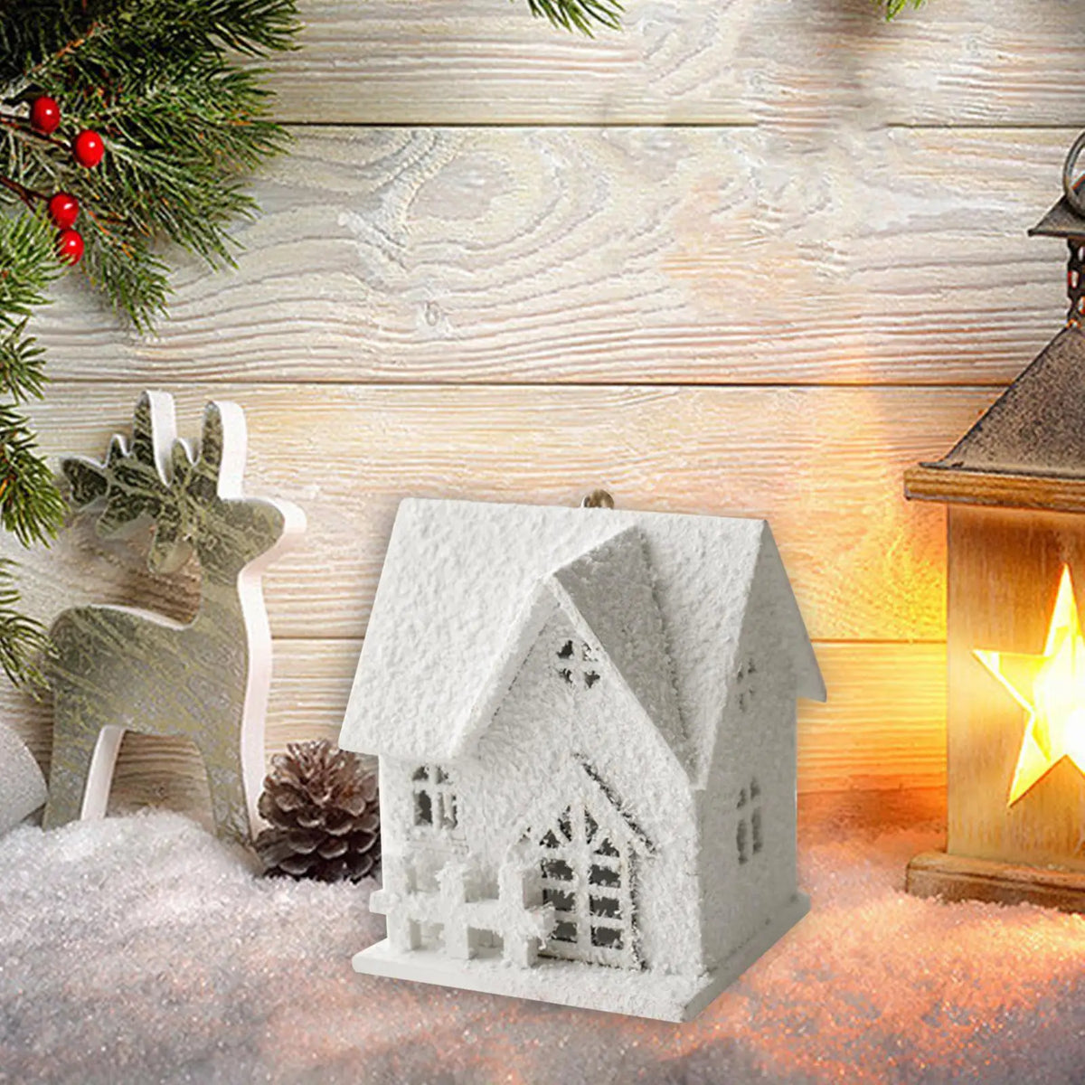 Wooden Snow House Christmas Ornament – Holiday Tree Pendant